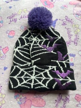 Spiderweb Beanie with Purple Bat Embroidery 🕸️🦇